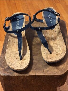 Lauren Ralph Lauren Rosalia Navy Patent Wedge Sandals Cork Footbed Size 9B